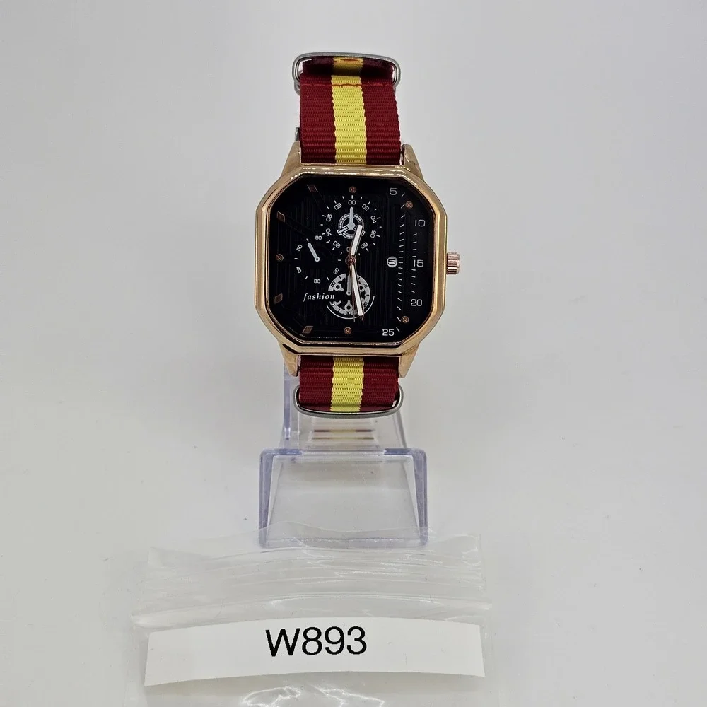 42MM Minimalist Watch Men Black Dial Gold Case‎ Date Red Yellow Canvas Strap